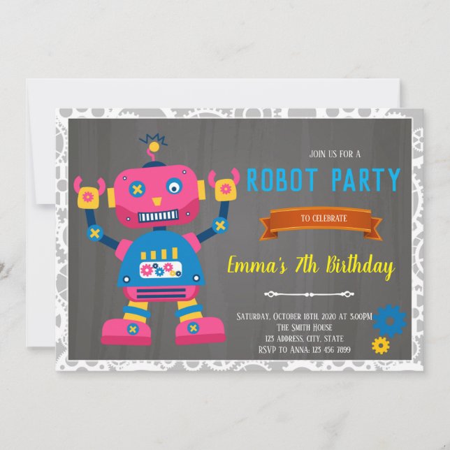 Convite de aniversário de menina robô (Frente)