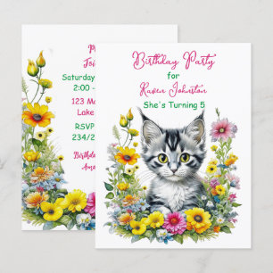 Convite de Aniversário de Menina Tema Gatinho Cinz