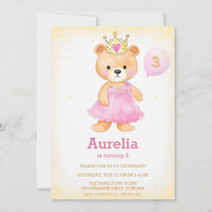 Convite de aniversário de menina urso princesa ros