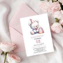 Convite de Aniversário de Menina Urso Teddy Rosa B