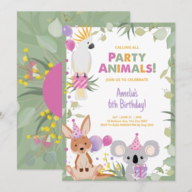 Convite de Aniversário de Meninas com Animais Aust (Frente/Verso)