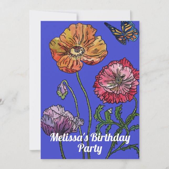 Convite de Aniversário de Meninas com Flores de Pa (Frente)