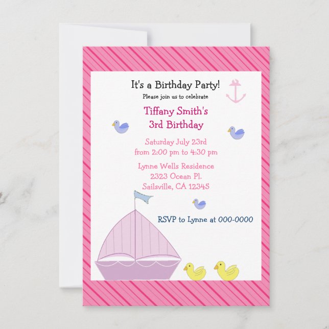 Convite de Aniversário de Meninas de Barco à Vela  (Frente)