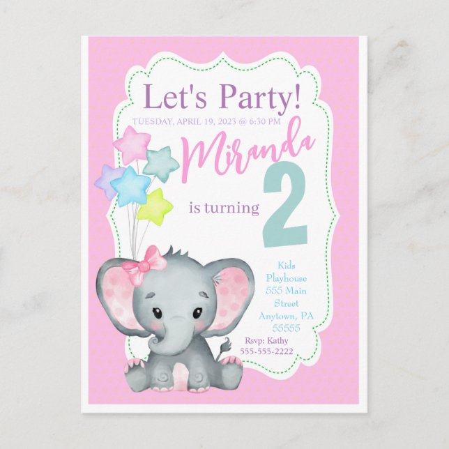 Convite de aniversário de meninas elefante rosa (Frente)