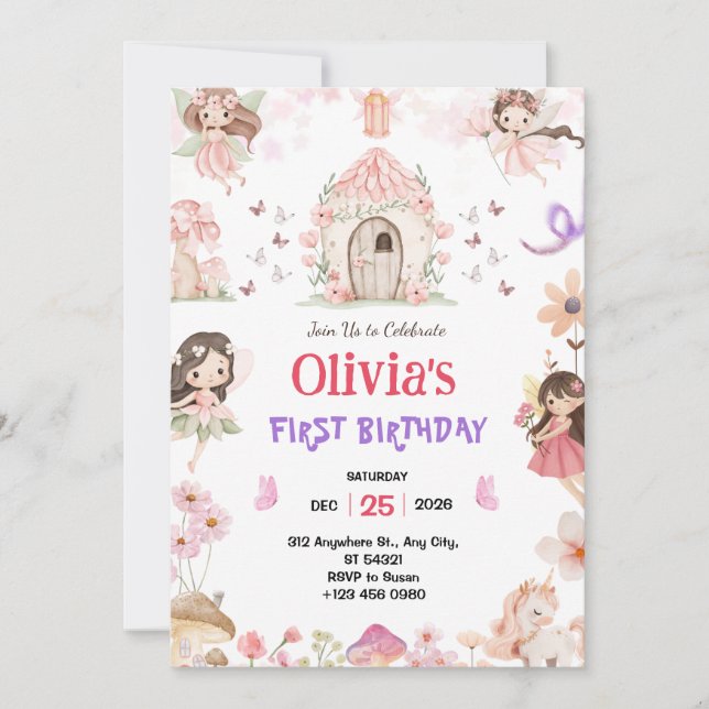 Convite de Aniversário de Meninas Fadas Mágicas 1º (Frente)