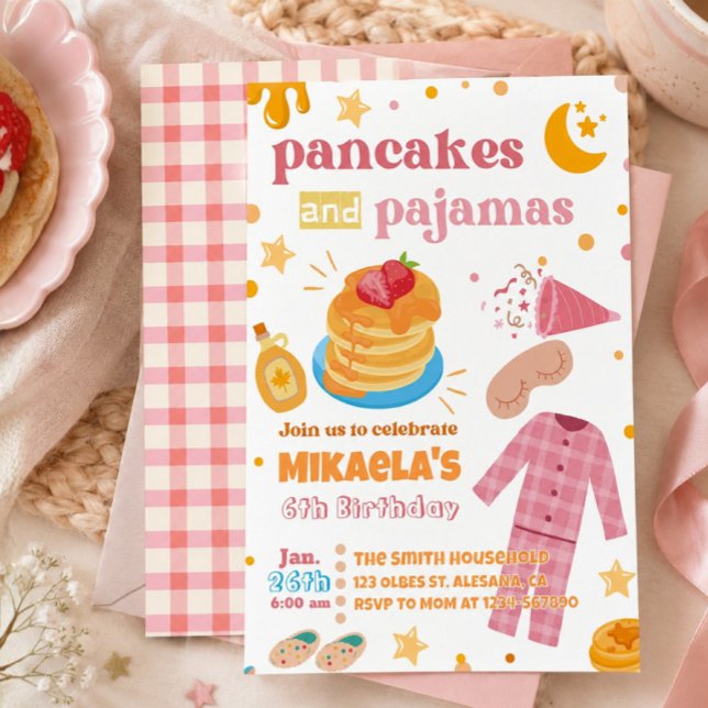 Convite de Aniversário de Meninas Panquecas e Pija (Girls Sleepoverm Breakfast Party Pancakes and and Pajamas Invitation)