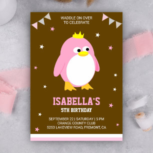 Convite de Aniversário de Meninas Pinguim Rosa Fof