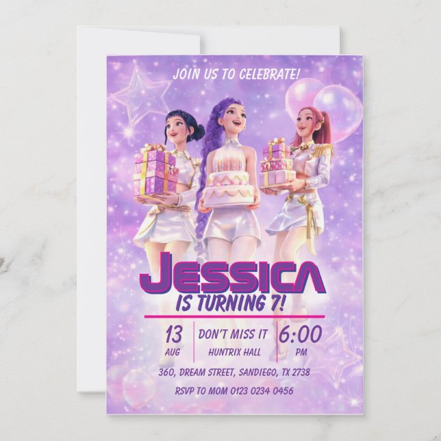 Convite de Aniversário de Meninas Roxo (Frente)