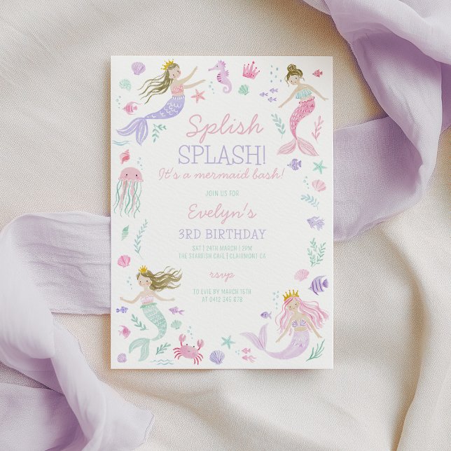 Convite de Aniversário de Meninas Sirena Roxa Spli (Splish Splash! It's a mermaid bash! Purple mermaid invitation)