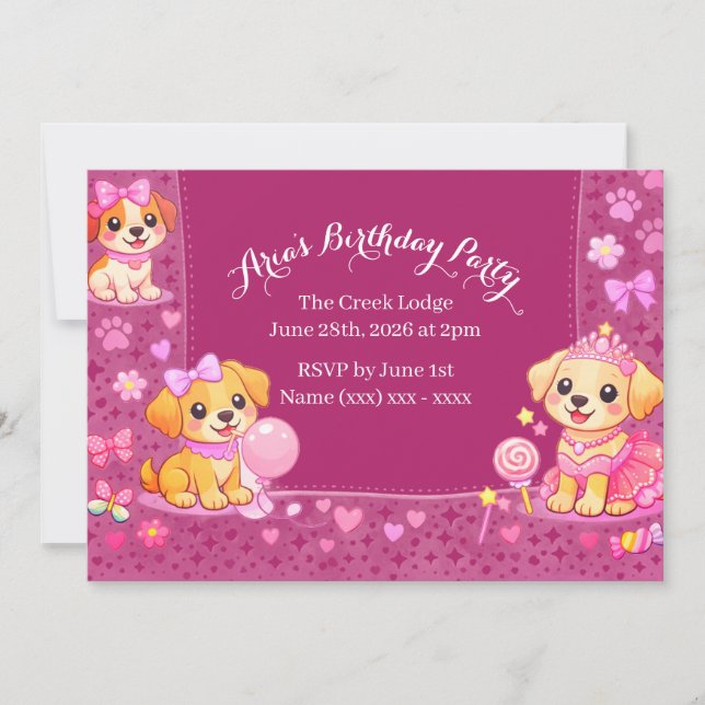 Convite de Aniversário de Meninas Tema Cachorrinho (Frente)