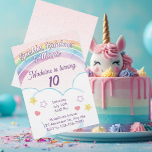 Convite de Aniversário de Meninas Unicórnio Arco-Í