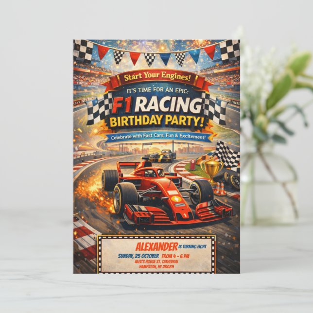 Convite de Aniversário de Menino com Carro Vermelh (Em pé/Frente)