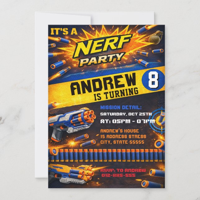 Convite de Aniversário de Menino com Dardos Nerf K (Frente)