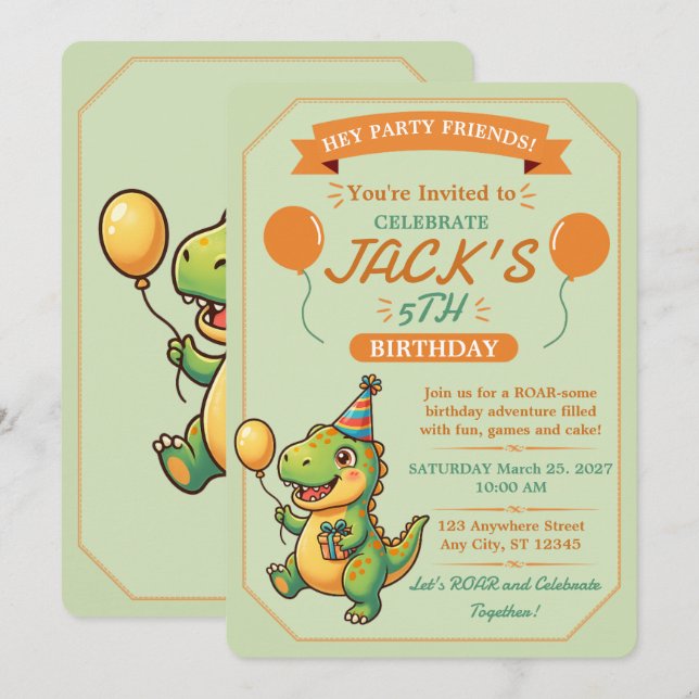 Convite de Aniversário de Menino com Dinossauro Fo (Frente/Verso)