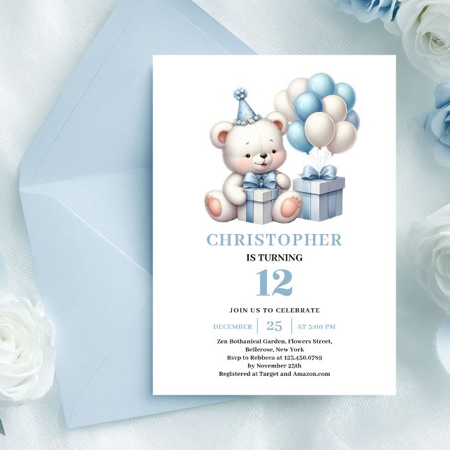Convite de aniversário de menino com ursinho mágic (Magical teddy bear dusty blue boy birthday invitation

)