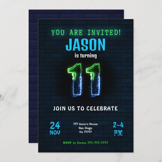 Convite de Aniversário de Menino de 11 anos (Frente/Verso)