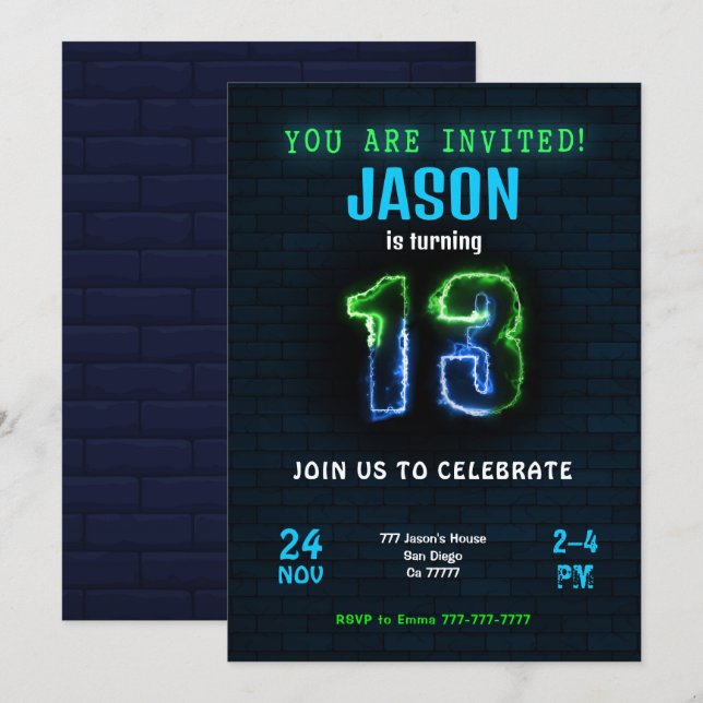 Convite de Aniversário de Menino de 13 Anos (Frente/Verso)