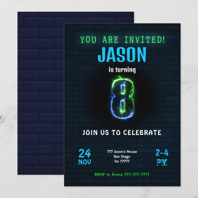 Convite de Aniversário de Menino de 8 Anos (Frente/Verso)