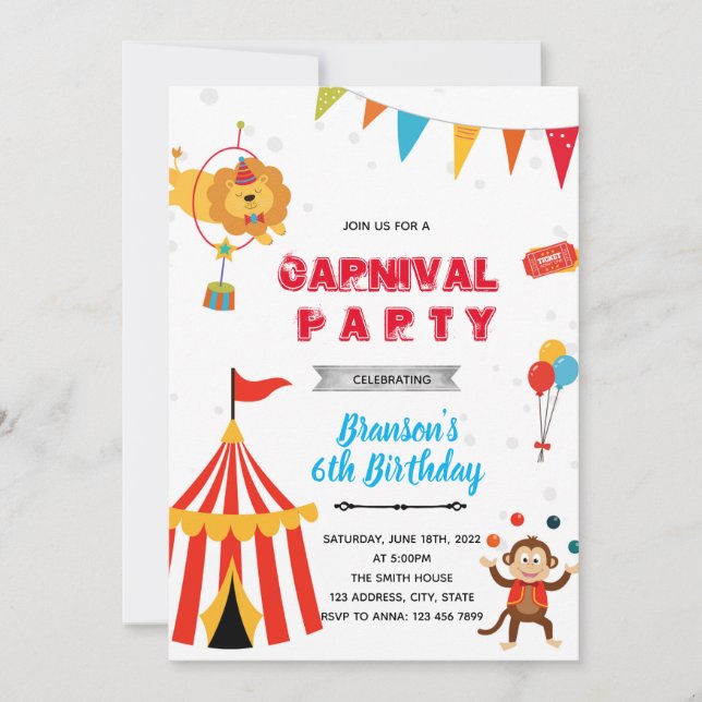 convite de aniversário de menino de carnaval de ci (Frente)