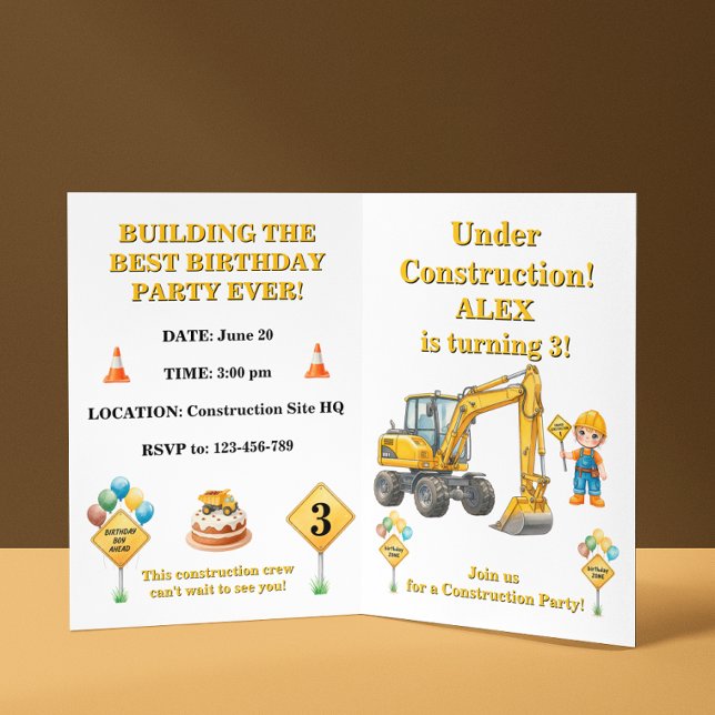 Convite de Aniversário de Menino Em Construção (Criador carregado)