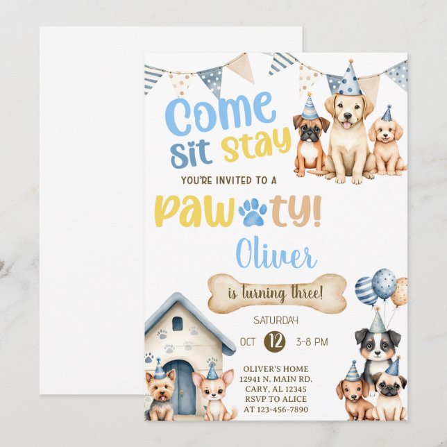 Convite de aniversário de menino para cachorrinho  (Frente/Verso)