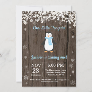 Convite de Aniversário de Menino Pinguim Rústico d