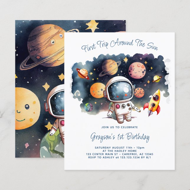 Convite de Aniversário de Menino Planetas Espaço S (Frente/Verso)