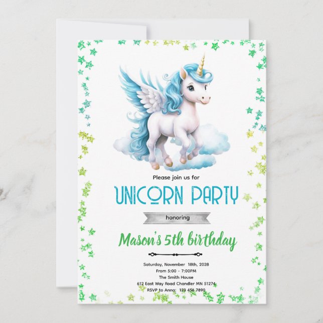 convite de aniversário de menino unicórnio (Frente)