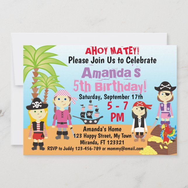 Convite de aniversário de meninos menina pirata pe (Frente)