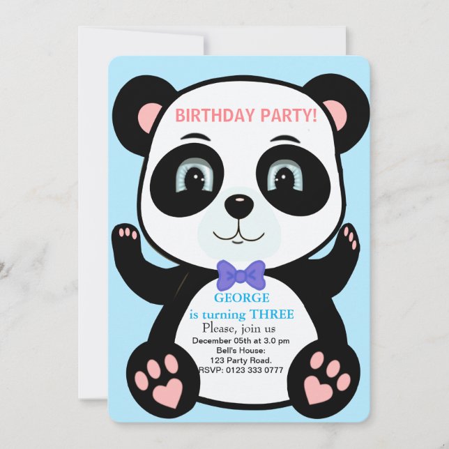 Convite de Aniversário de Meninos Urso Panda Fofo (Frente)