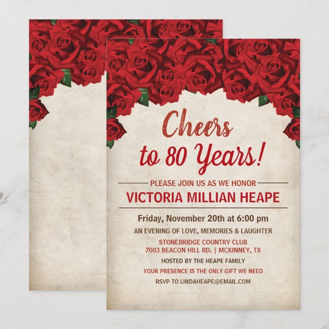 Convite de Aniversário de Milestone com Rosas Verm (Frente/Verso)