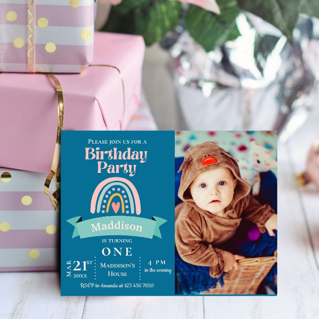 Convite de Aniversário de Milestone Kids Arco-íris (Unicorn Rainbow Photo Birthday Party Invitation Postcard)