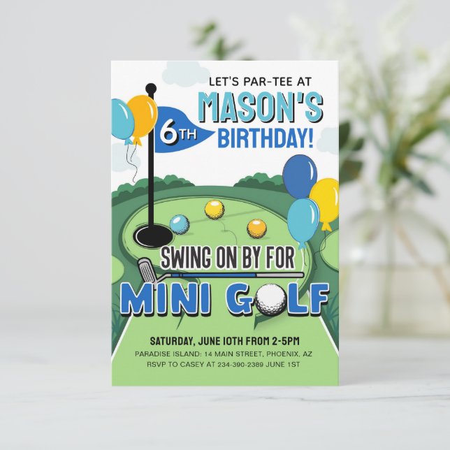 Convite de Aniversário de Mini Golfe, Aniversário  (Em pé/Frente)
