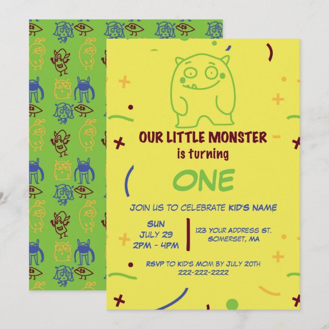 Convite de Aniversário de Monstro Pequeno para Qua (Frente/Verso)
