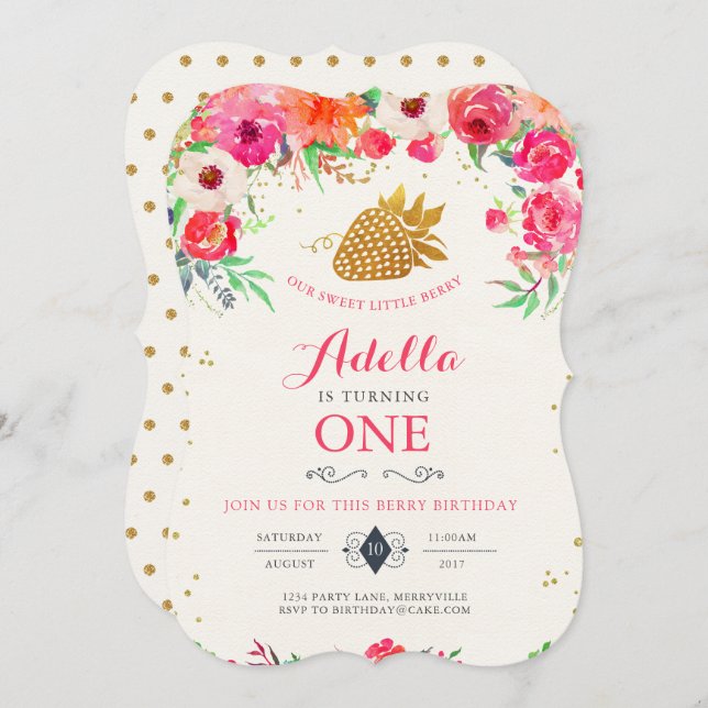 Convite de aniversário de morango (Frente/Verso)