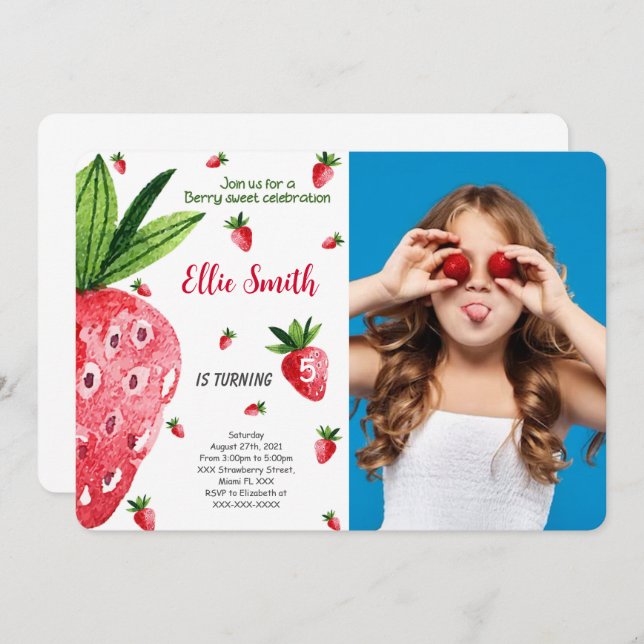 Convite de aniversário de morango com foto editáve (Frente/Verso)