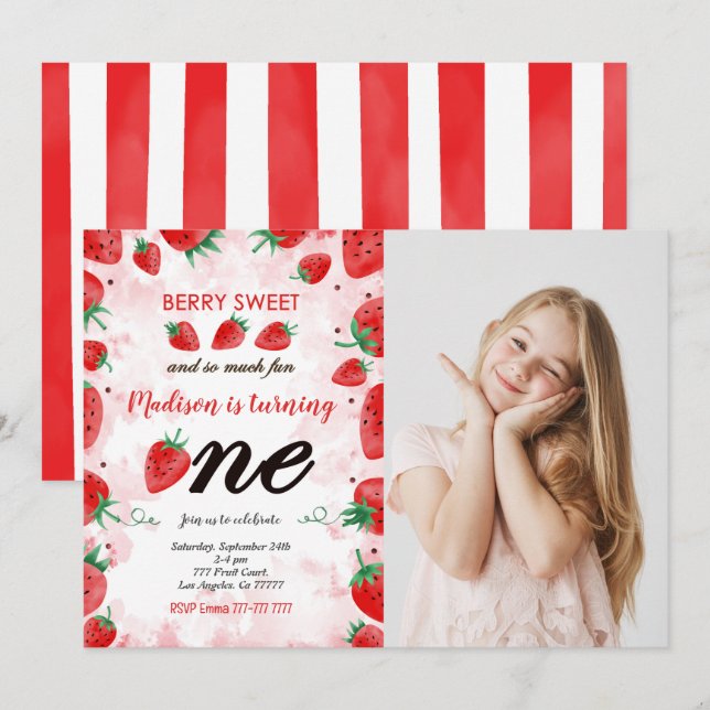Convite de aniversário de morango editável com fot (Frente/Verso)