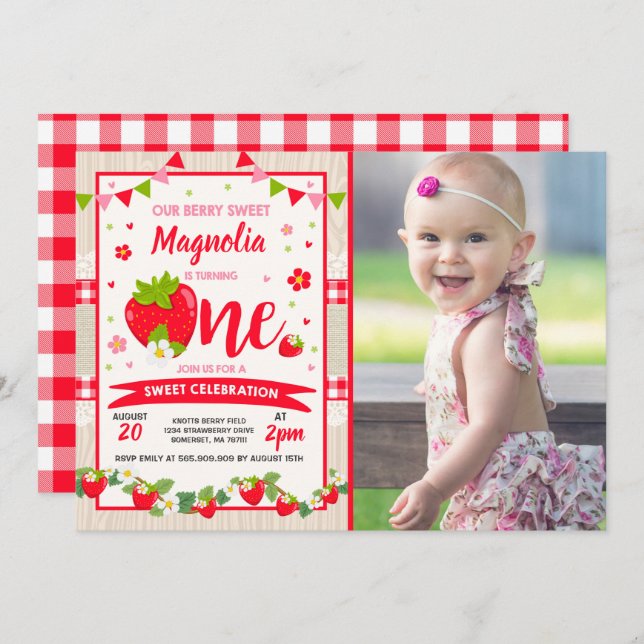 Convite de Aniversário de Morango Festa de Berry S (Frente/Verso)