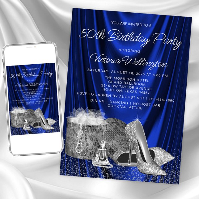 Convite de Aniversário de Mulher Sapato Prata Azul (Royal blue silver any event invitation. Instant download and printed invitations available.)