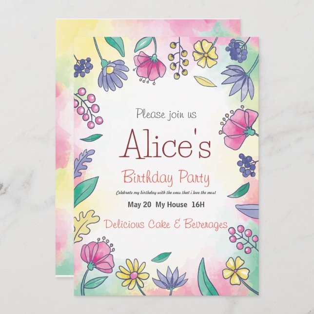 Convite de aniversário de Nascença Floral de Prima (Frente/Verso)