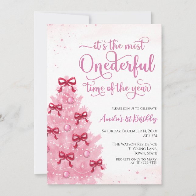 Convite de Aniversário de Natal Rosa Bonito (Frente)