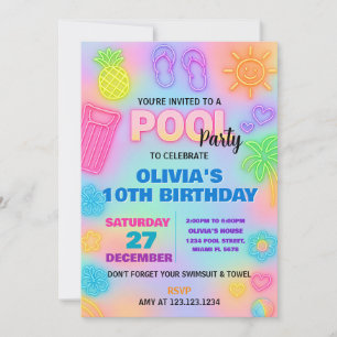 Convite de aniversário de Neon Piscina