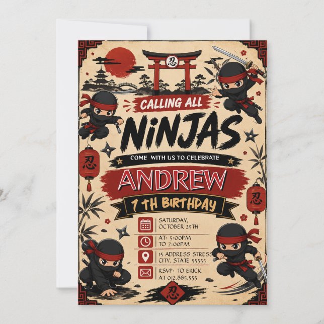 Convite de Aniversário de Ninjas Samurais Pessoal (Frente)