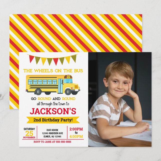 Convite de Aniversário de Ônibus Escolar (Frente/Verso)