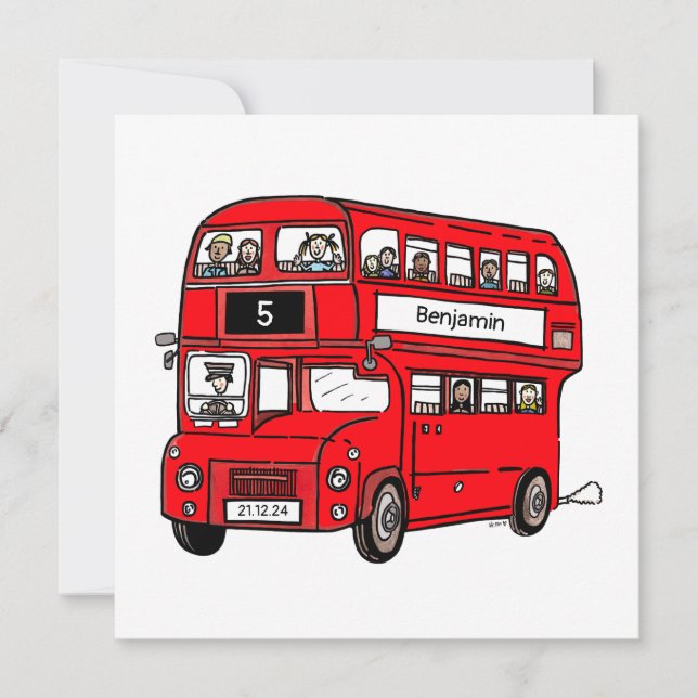 Convite de Aniversário de Ônibus Vermelho de Dois  (Frente)