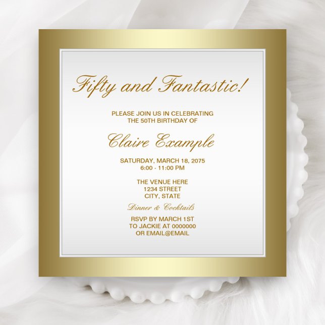 Convite de Aniversário de Ouro Branco Elegante (Elegant white and gold birthday and event invitation with beautiful gold border. )