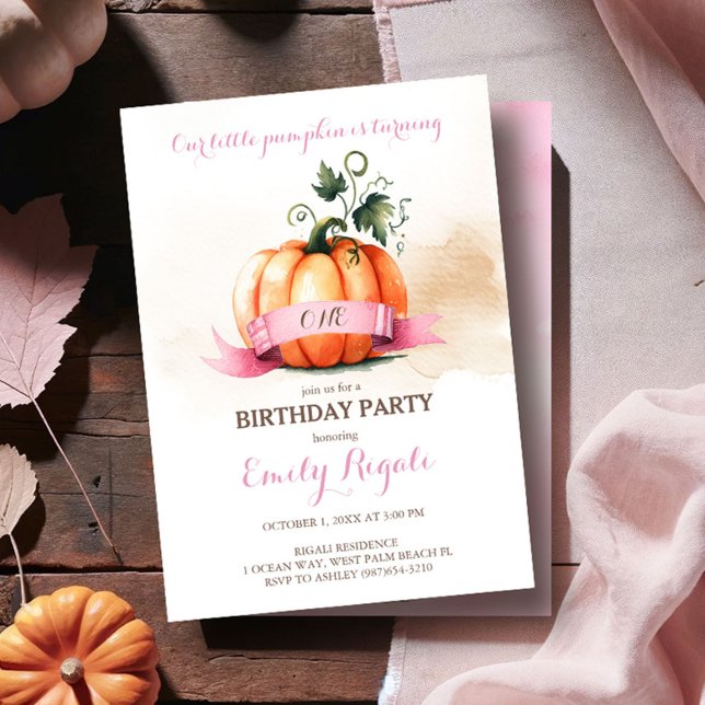 Convite de aniversário de outono - Cor - de-rosa e (Little pumpkin first birthday invitations cute watercolor pink and orange fall theme)