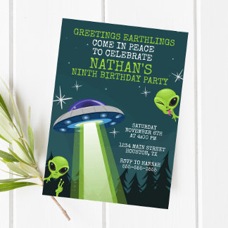 Convite de aniversário de OVNI de alienígena