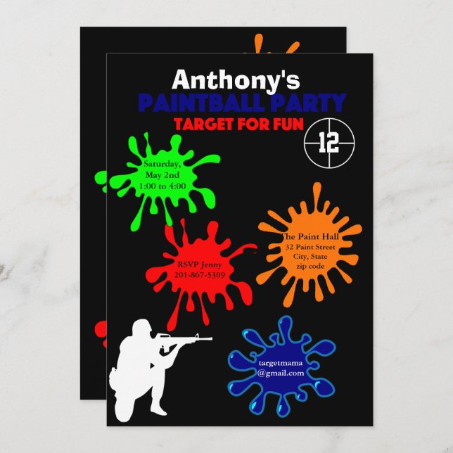 Convite de aniversário de Paintball Colorida (Frente/Verso)