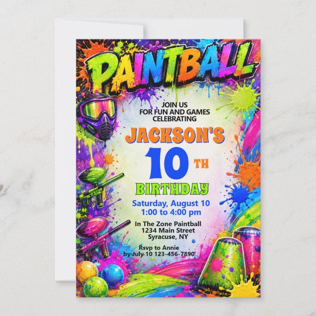 Convite de Aniversário de Paintball Tema de respin (Frente)